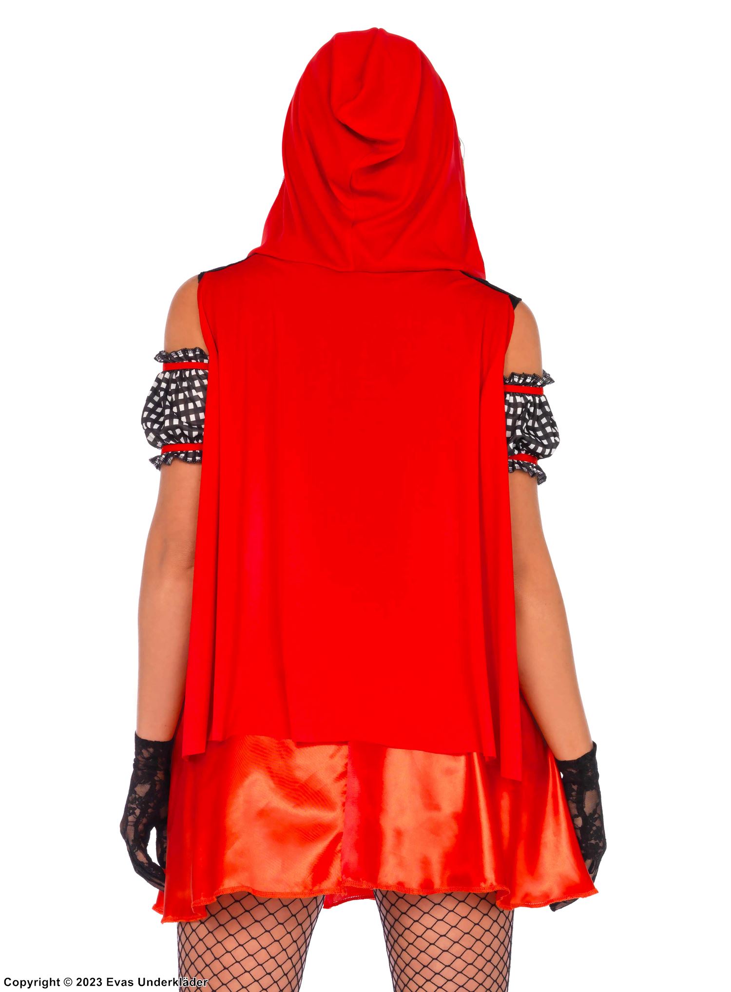 Rödluvan, maskeradklänning med öppna axlar och snörning, skotsk-rutigt mönster